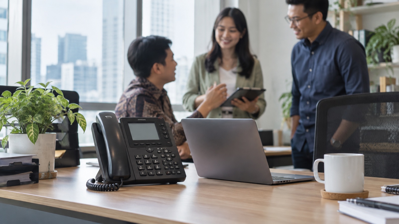 Telepon kantor di meja kerja dengan tim di belakang