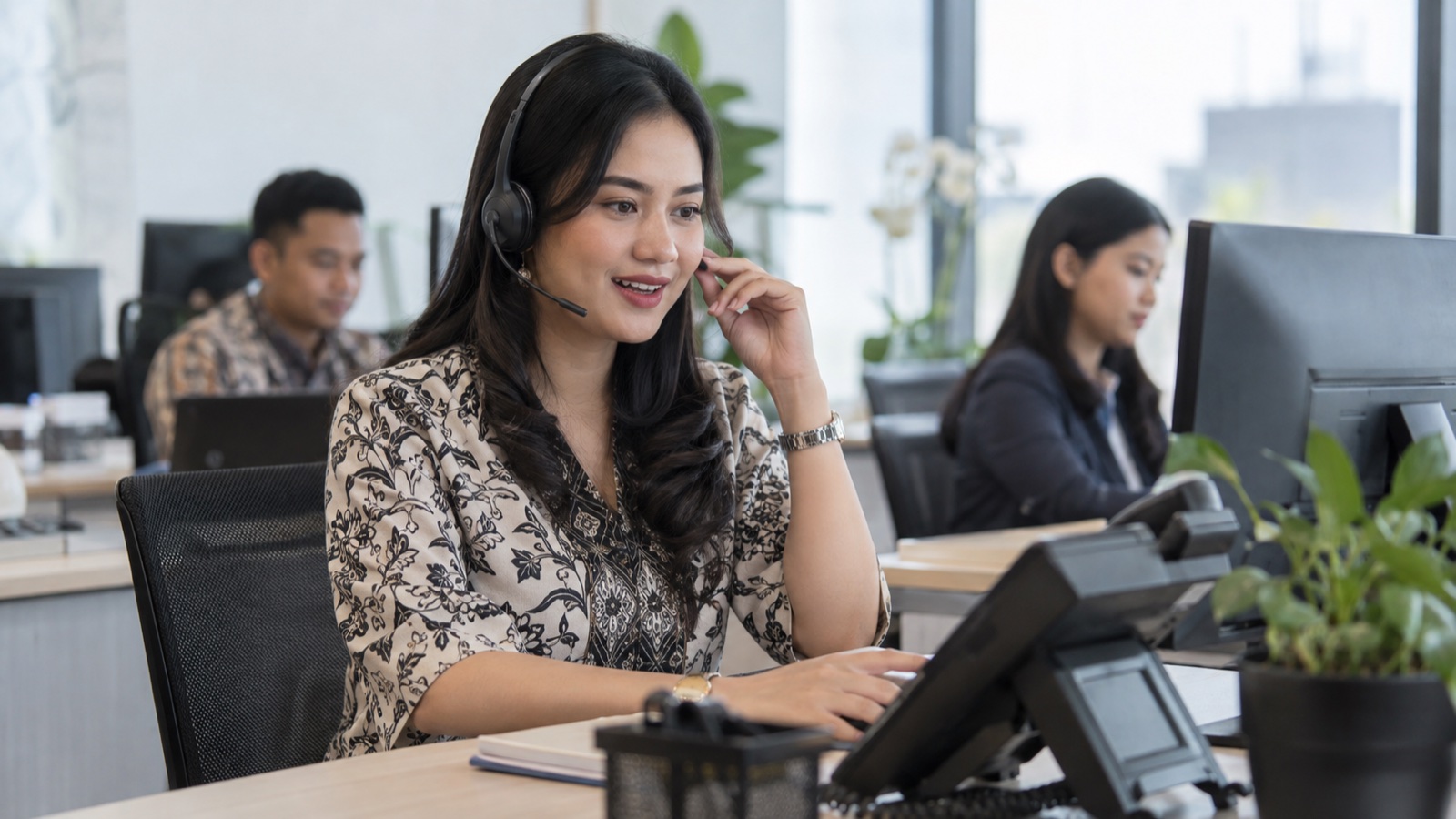 Agen layanan pelanggan menerima panggilan di kantor