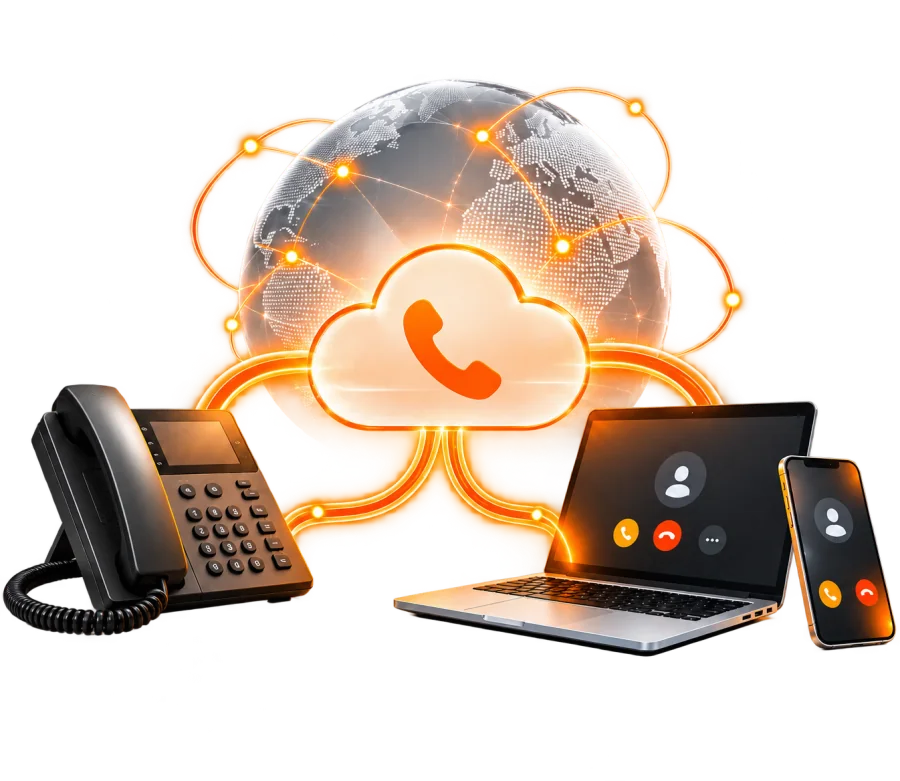 Ilustrasi SIP Trunk yang menghubungkan telepon, laptop, dan ponsel melalui cloud